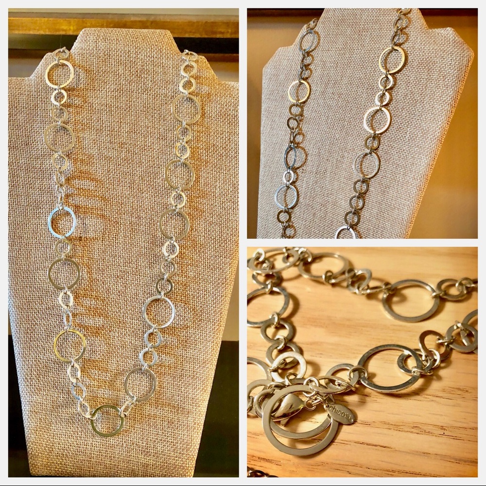 Chico’s 18” Long Silver Tone Necklace euc